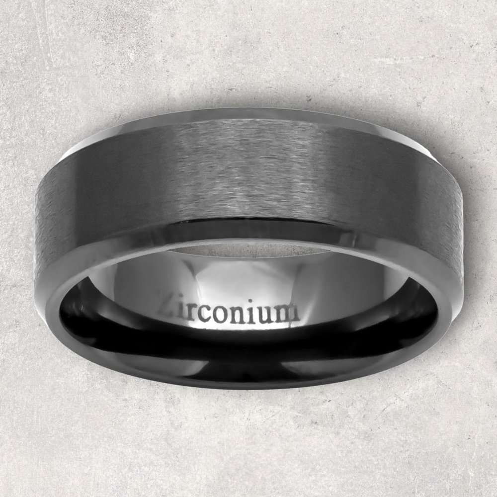 NOV9M®️ 8mm Zirconium Brushed Center Beveled Edge Men's Wedding Band